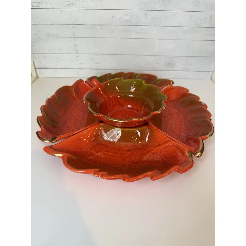 Vintage California Pottery #814 Leaf Serving Set 5 Pc Orange Gold MCM Fall 14.5